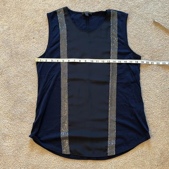 J. Crew Mixed Media w/ Metal Sequin Trim Sleeveless Blouse Size M Navy Cotton - Picture 6 of 7